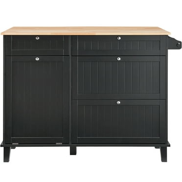 KFFKFF Kitchen Cart, 50" Wooden Surface for Breakfast Prep, Includes Trash Unit for 10 Gallon, Country Style Dining Table with Extendable Side, Handy Towel Holder, Drawer, in Black