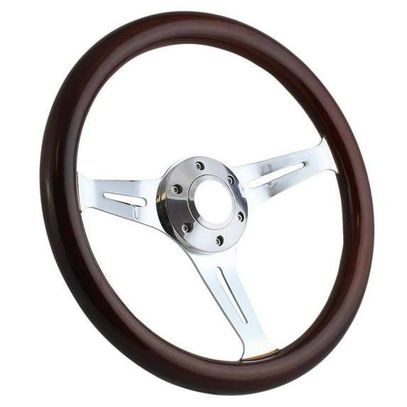 14 Inch Chrome Steering Wheel with Dark Wood Grip and Slotted Spokes
