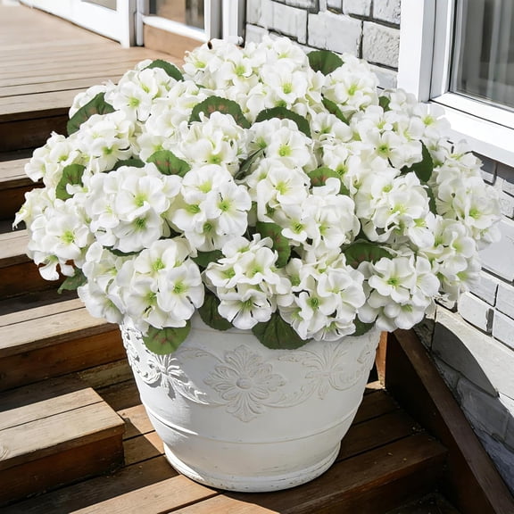 6 Pcs Artificial Flowers for Outdoors, White Fake Geranium Flowers UV Resistant Realistic Silk Faux Plants for Spring Summer Front Door Yard Window Box Indoor Home Decor
