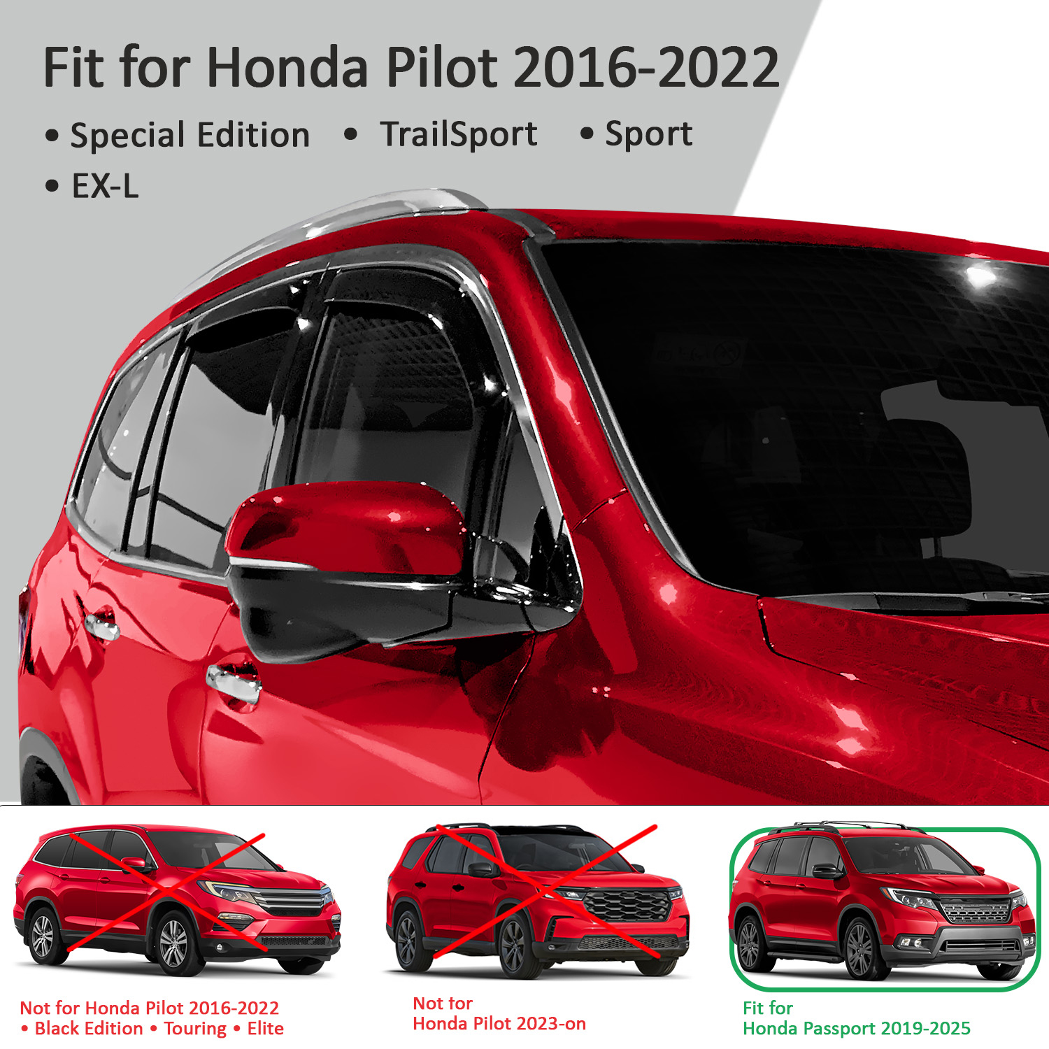 Voron Glass in-Channel Extra Durable Rain Guards for Honda Pilot 2016-2022, Window Deflectors,Vent Window Visors, 4 Pieces - 200666