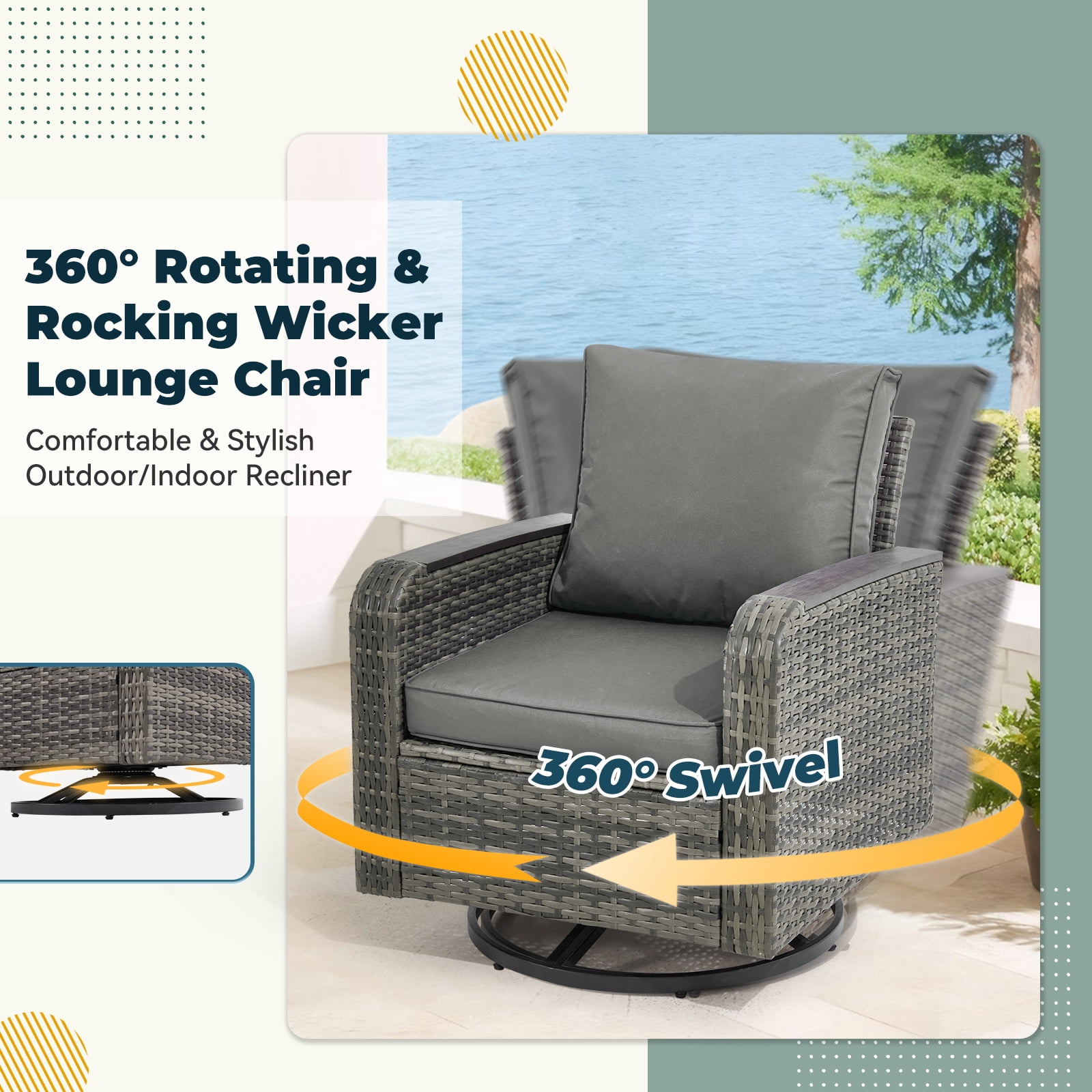 6 Pieces Wicker Patio Furniture Sets, Outdoor Conversation Set PE Rattan Sectional Sofa Couch with Swivel chairs Ideal for Indoor Porch Deck Bistro Lawn Garden Backyard Poolside-Grey