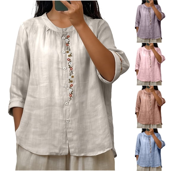 Paiwinds Women's Embroidered V-Neck Mid Sleeve Top, Casual Pullover Blouse with Floral Design, Lightweight Cotton Linen Blend for Summer