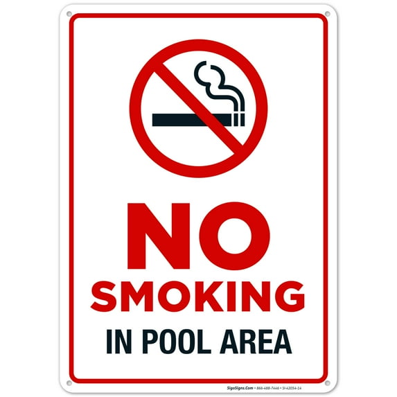 Pool Rules Sign, No Smoking in Pool Area Sign, 10x14 Aluminum