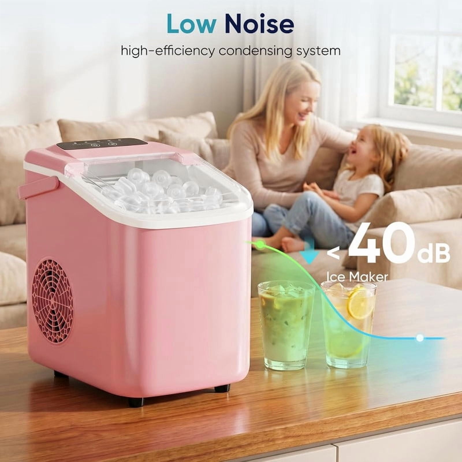 Bigleap Ice Maker Countertop, 26lbs per 24H, 9 Cubes in 6-8 Mins, Self-Cleaning Portable Ice Machine with Handle for Home, Kitchen, Office, RV, Pink