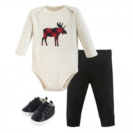 

Hudson Baby Infant Boy Cotton Bodysuit Pant and Shoe 3pc Set Plaid Moose 0-3 Months