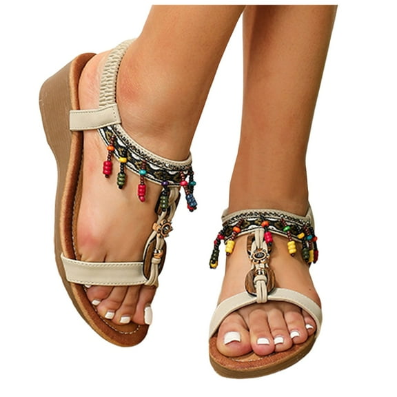 Tassel Wedge Dress Sandals for Women Ethnic Bohemia Open Toe Block High Heel Dressy Sandals Beach Summer