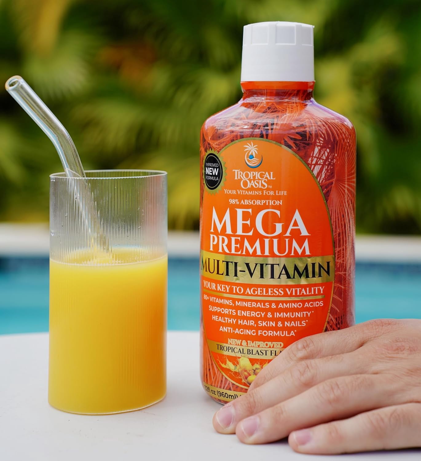 Tropical Oasis Mega Multivitamin, Advanced Liquid Vitamin Supplement with over 80 Vitamins, Minerals and Amino Acids, Tropical Blast Flavor, 32 fl Oz, 32 Servings