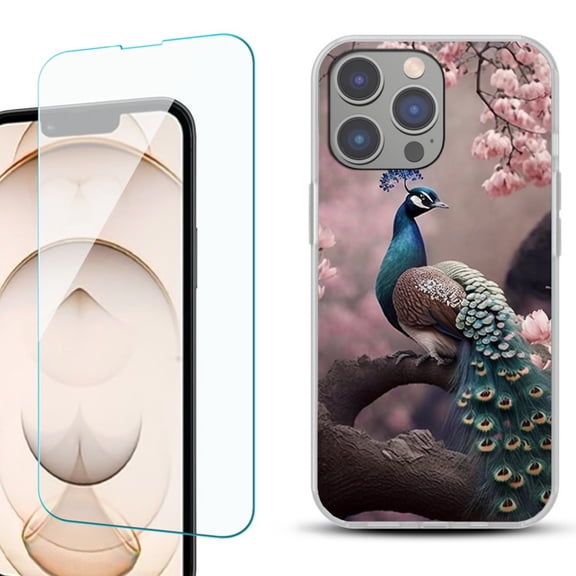 OneToughShield ® for iPhone 15 Pro Max Shockproof Fashion Phone Case, with Tempered Glass Screen Protector - Peacock Flower