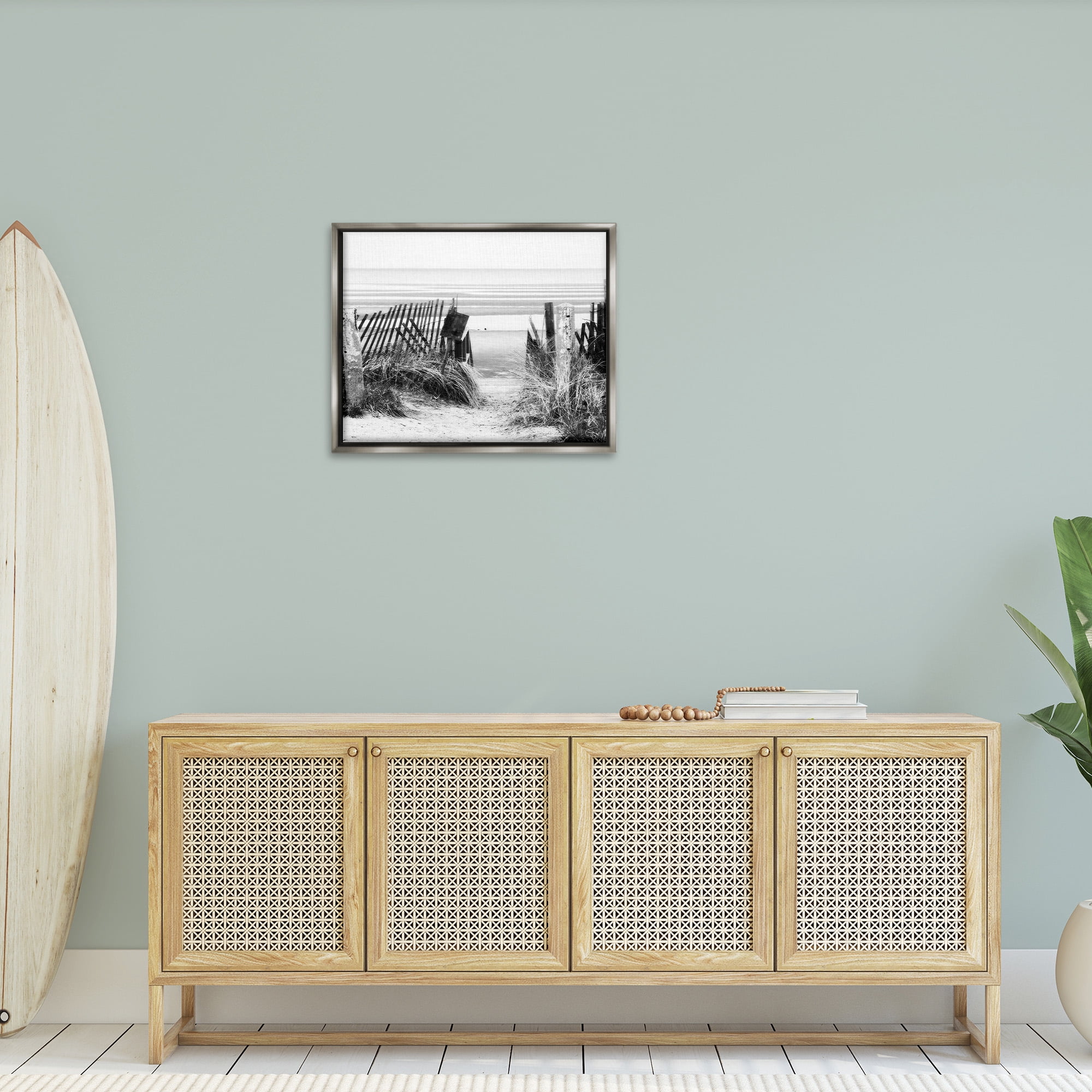 Stupell Industries Fenced Beach Path Landscape Photography Gray Floater Framed Canvas Art Print Wall Art, 31 x 25