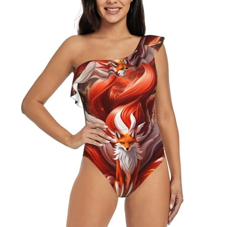 Lukts Red Leaf Flame Fox Women One Piece Swimsuits Tummy Control One Shoulder Bathing Suits Ruffle Swimwear-Medium