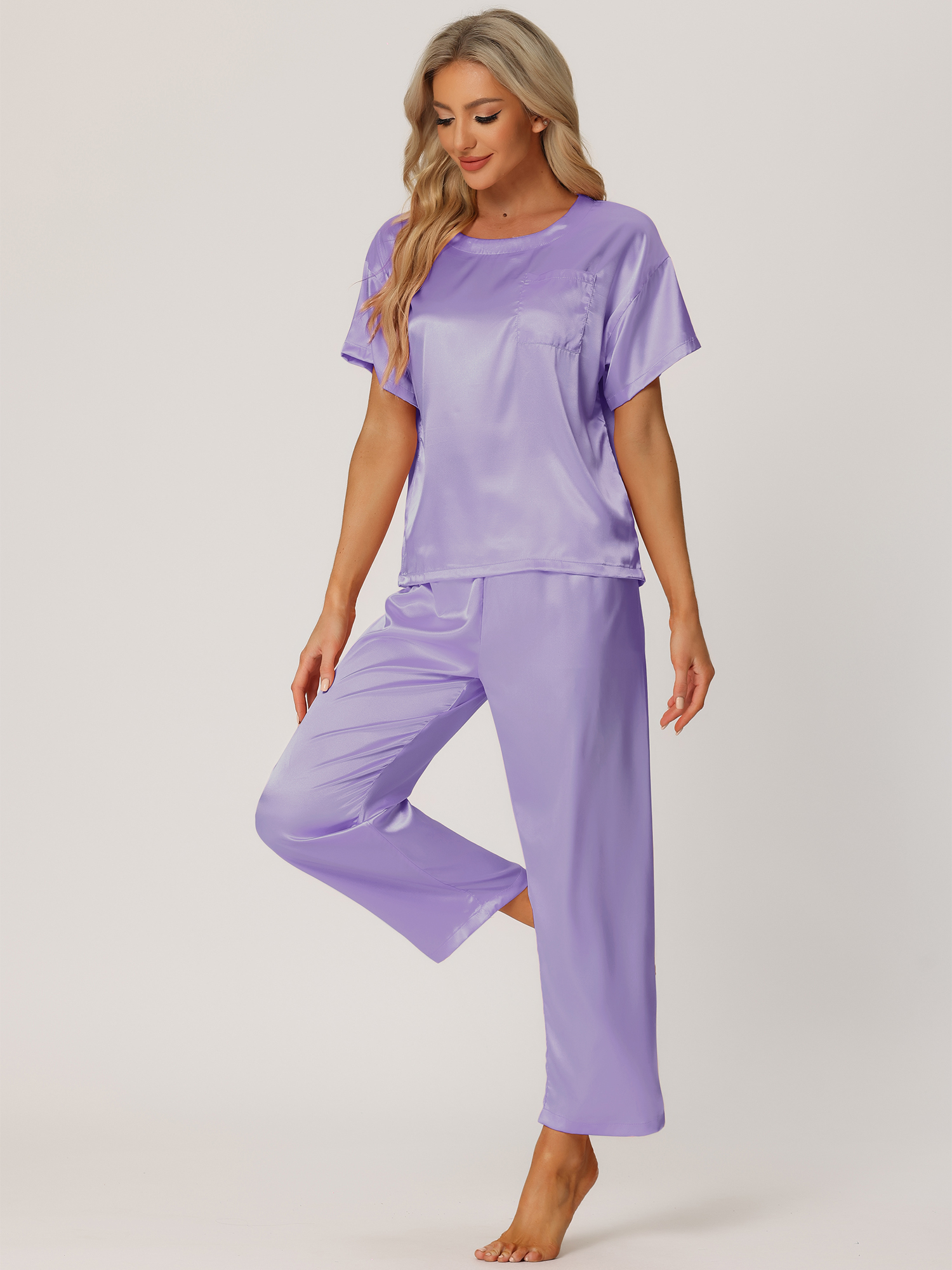 DARING DIVA Women's Satin Pajamas Sleepwear Summer Outfits Short Sleeves Tops XL Light Purple