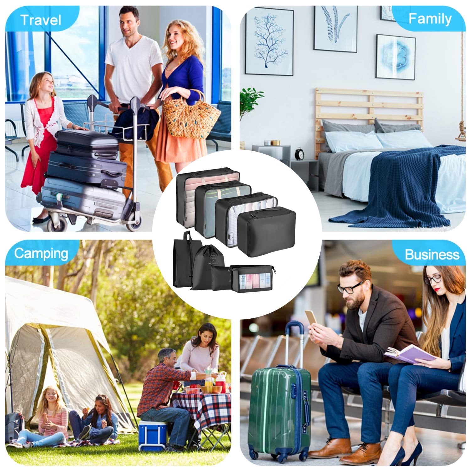 Koovon 8Pcs Travel Packing Cubes, Foldable Suitcase Organizer, Lightweight Luggage Bag, Black  (图2)