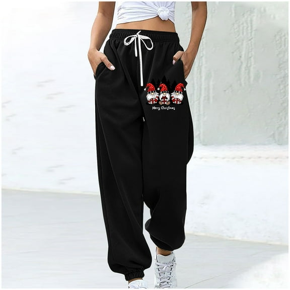 WXLWZYWL Women Merry Christmas Sweatpants Drawstring Jogger Snowflake Fun Print Elastic Waist Casual Trousers Warm Comfy Pants with Pockets