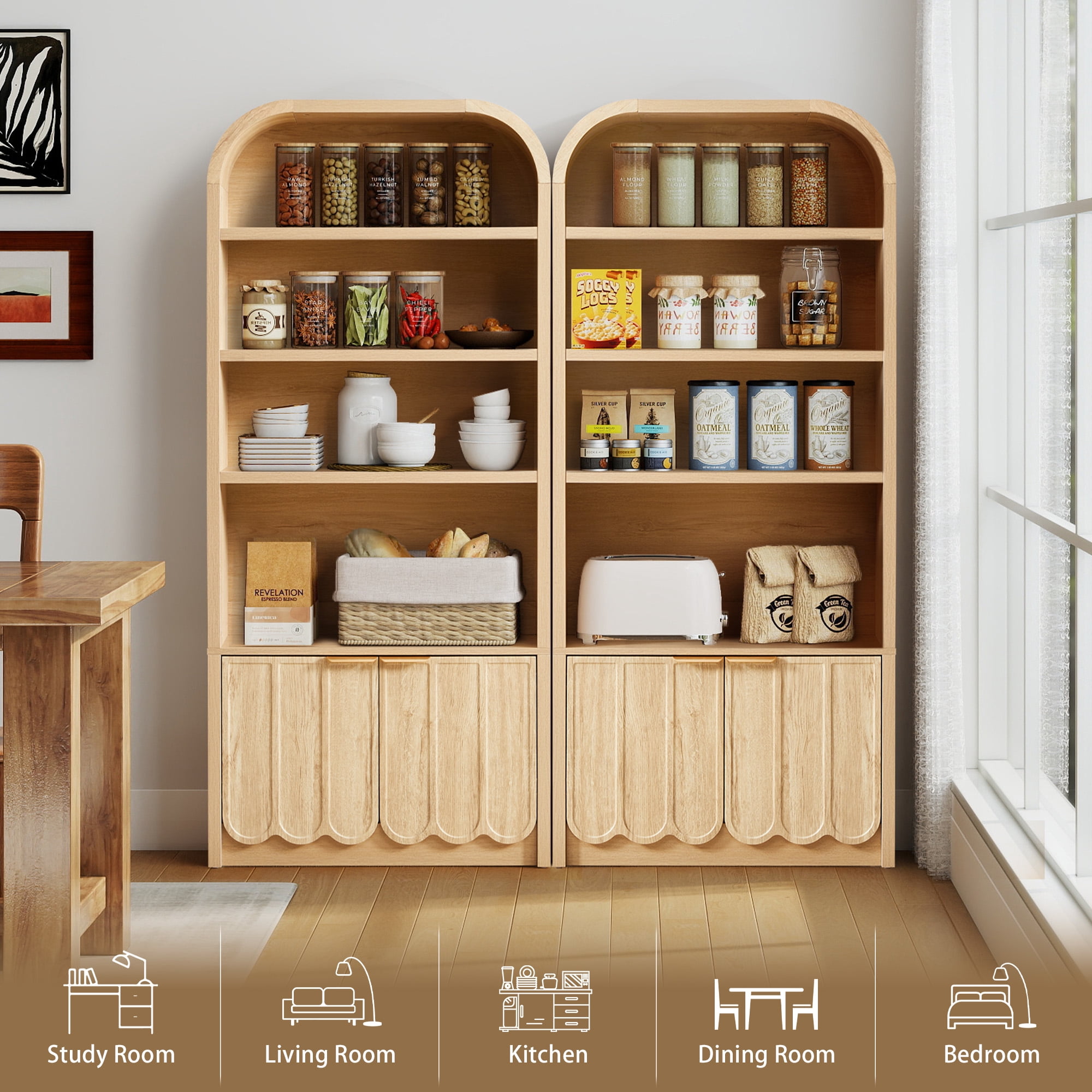 YOCWO 70" Tall Arched Bookcases with 2 Doors & 4 Shelves, Wooden Bookshelf with Wave Panel and Curved Top for Living Room Office, Natural