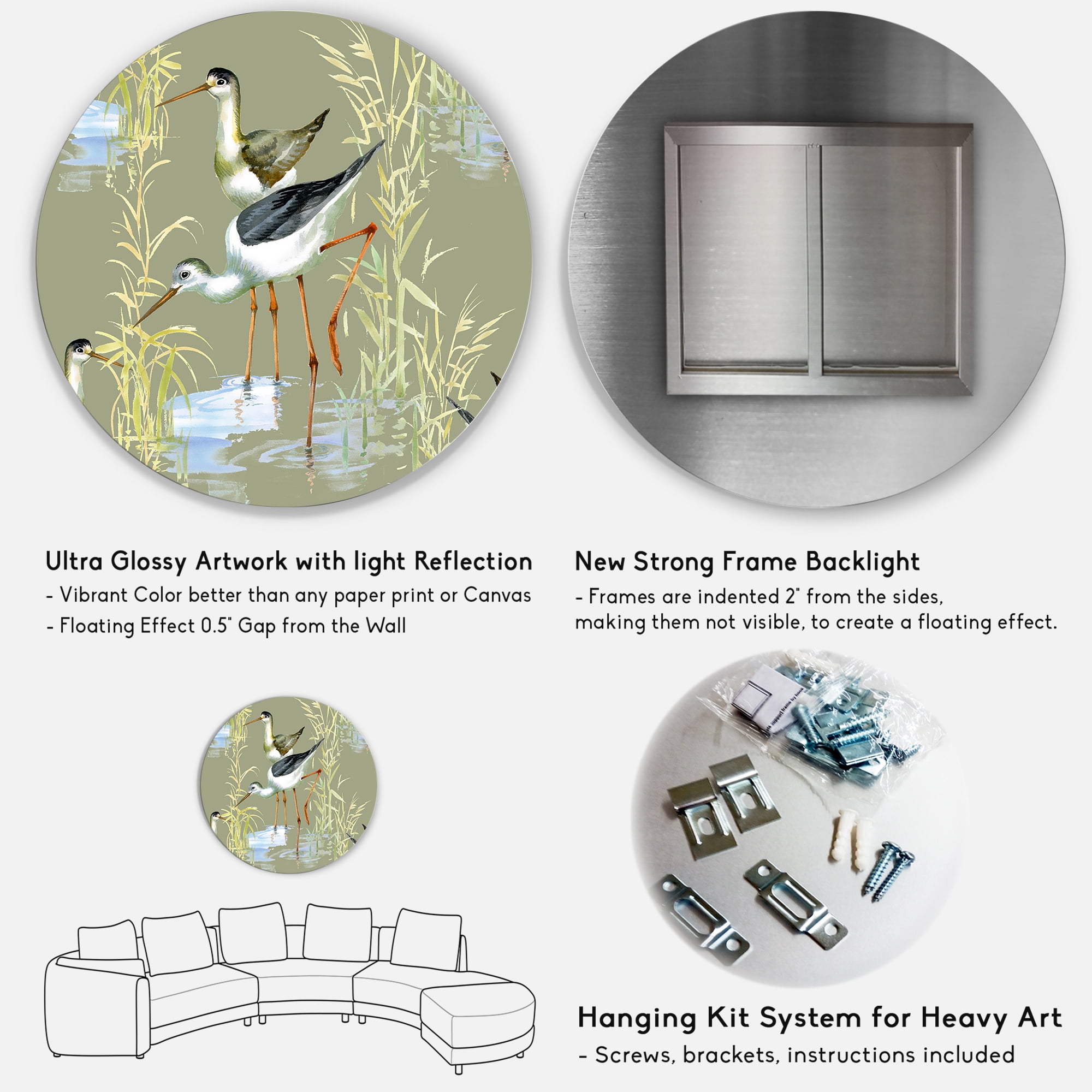 Designart 'Herons Birds In The Gray Water' Farmhouse Circle Metal Wall Art 36x36 - Disc of 36