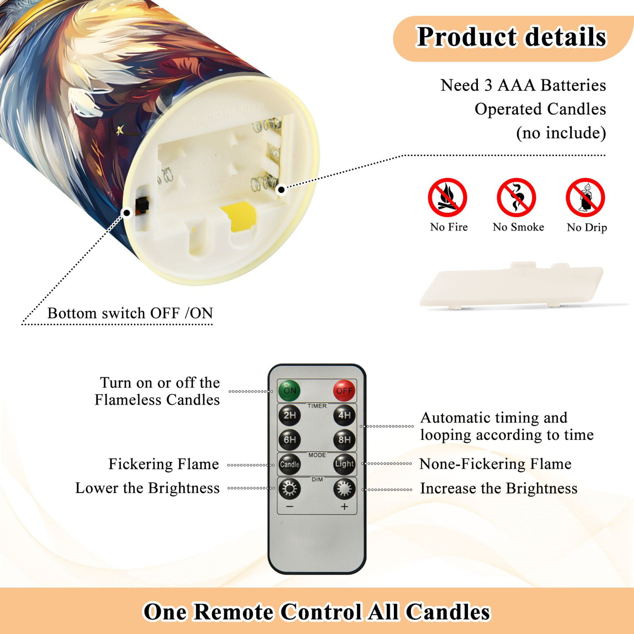 Eagle American Flag Flameless Candles 2 PCS with Remote Realistic Moving Flame LED Tapered Pillar Set for Home Decor