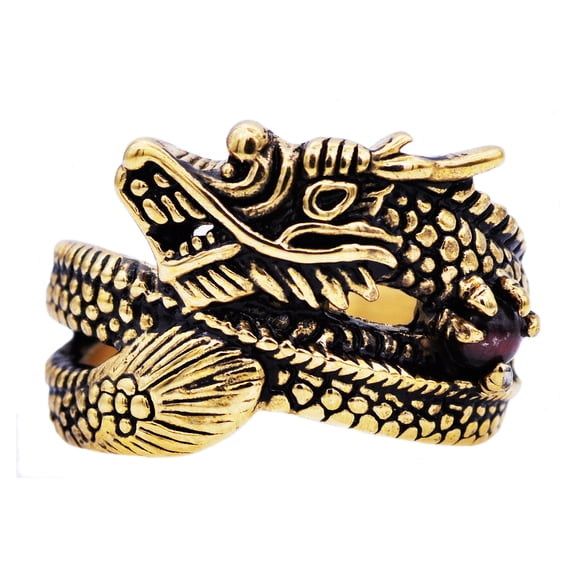Mens Genuine Tiger Eye Gold Plated Stainless Steel Dragon Ring