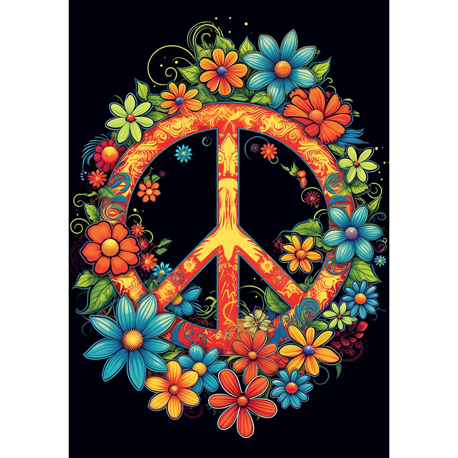 America Forever Blooming Peace Sign House Flag 28 x 40 inch Double Sided Peace Symbol Flowers Hippie Bohemian Colorful Outdoor Yard Decorative Flag