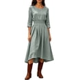 thumbnail image 2 of Bxsruta Womens Casual Midi Dress 3/4 Sleeve Pleated Flowy Dresses for Women Crew Neck Smocked Waist A-Line Swing Dress, 2 of 2