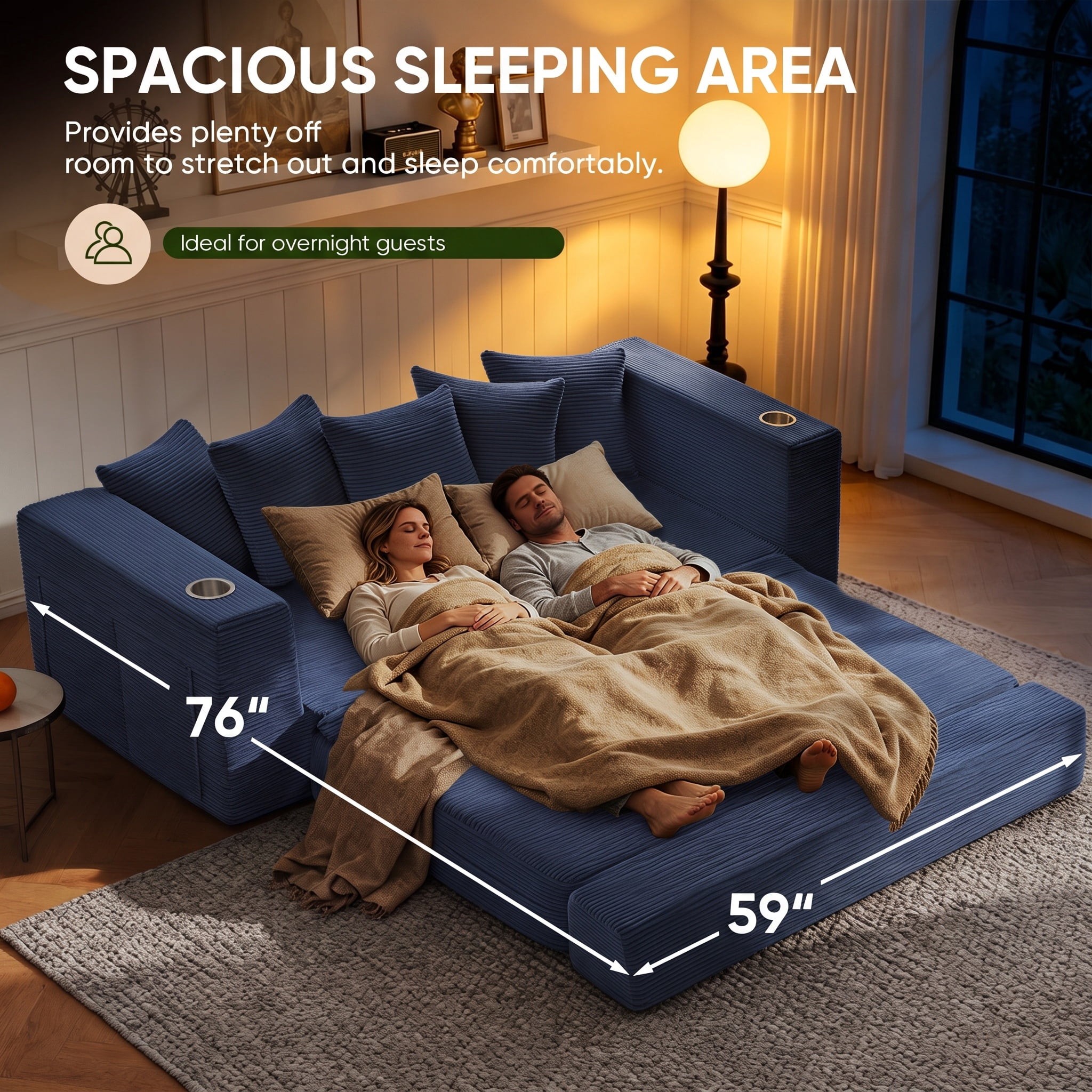 Lunale Convertible Sleeper Sofa Bed, Boneless Futon Cloud Couch, No Assembly Required, Pull Out Floor Couch Bed for Living Room, Blue Corduroy