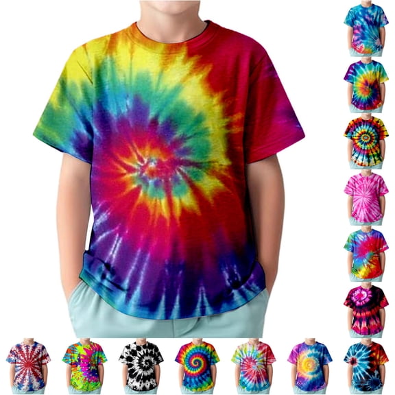 OSOLU Kids Tie Dye T Shirt Boys Girls Short Sleeve Graphic Tees Crew Neck Loose Fit Summer Tshirts 3-13Y Soft Tops