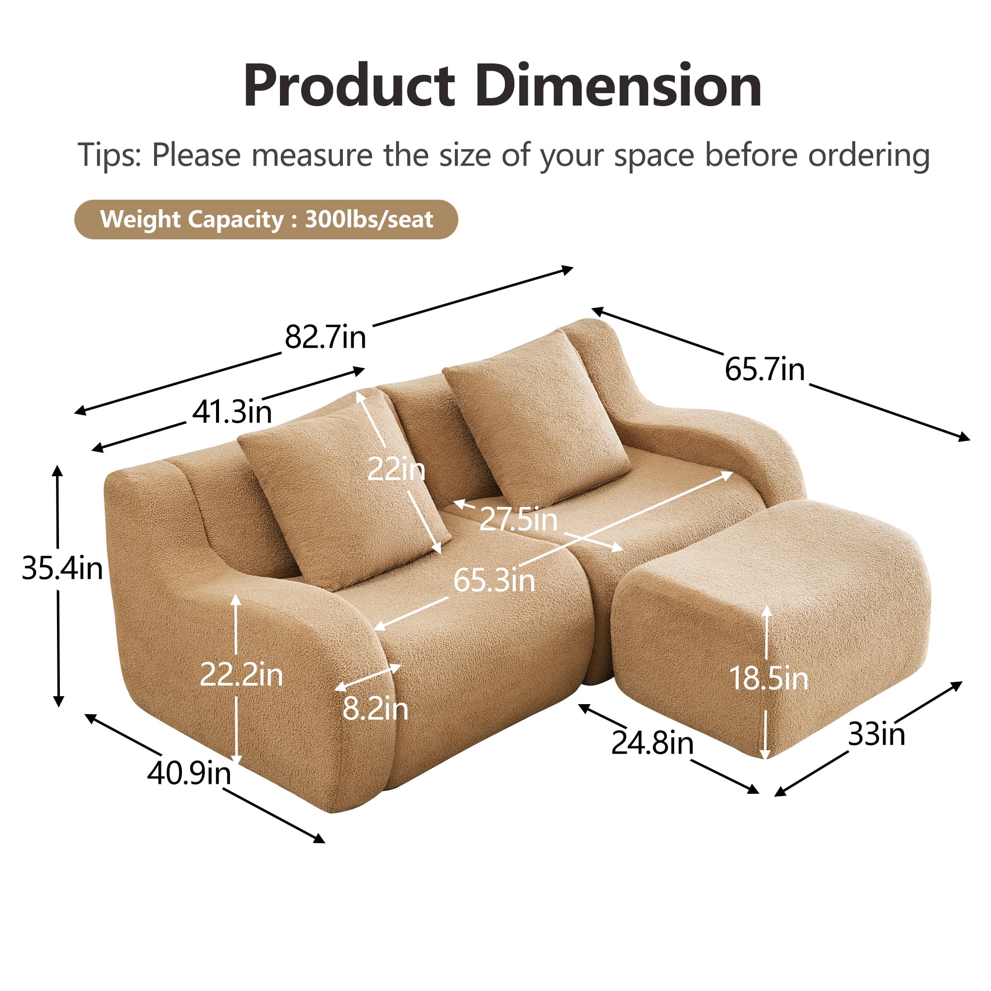 Alvantor Loveseat Sofa with Reversible Ottoman 83" W Teddy Boneless Couch Modern Deep Seat Cloud Loveseat for Living Room Camel