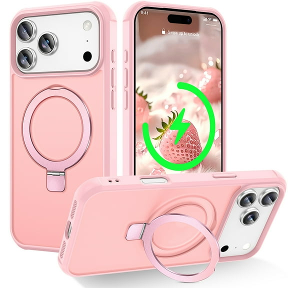 Allytechgroup iPhone 17 Pro Max Case Magnetic, Compatible with Magsafe & Car Mount Adjustable Stand Ring Holder Heavy Duty Shockproof Anti-Scratch Matte Phone Case for iPhone 17 Pro Max, Pink