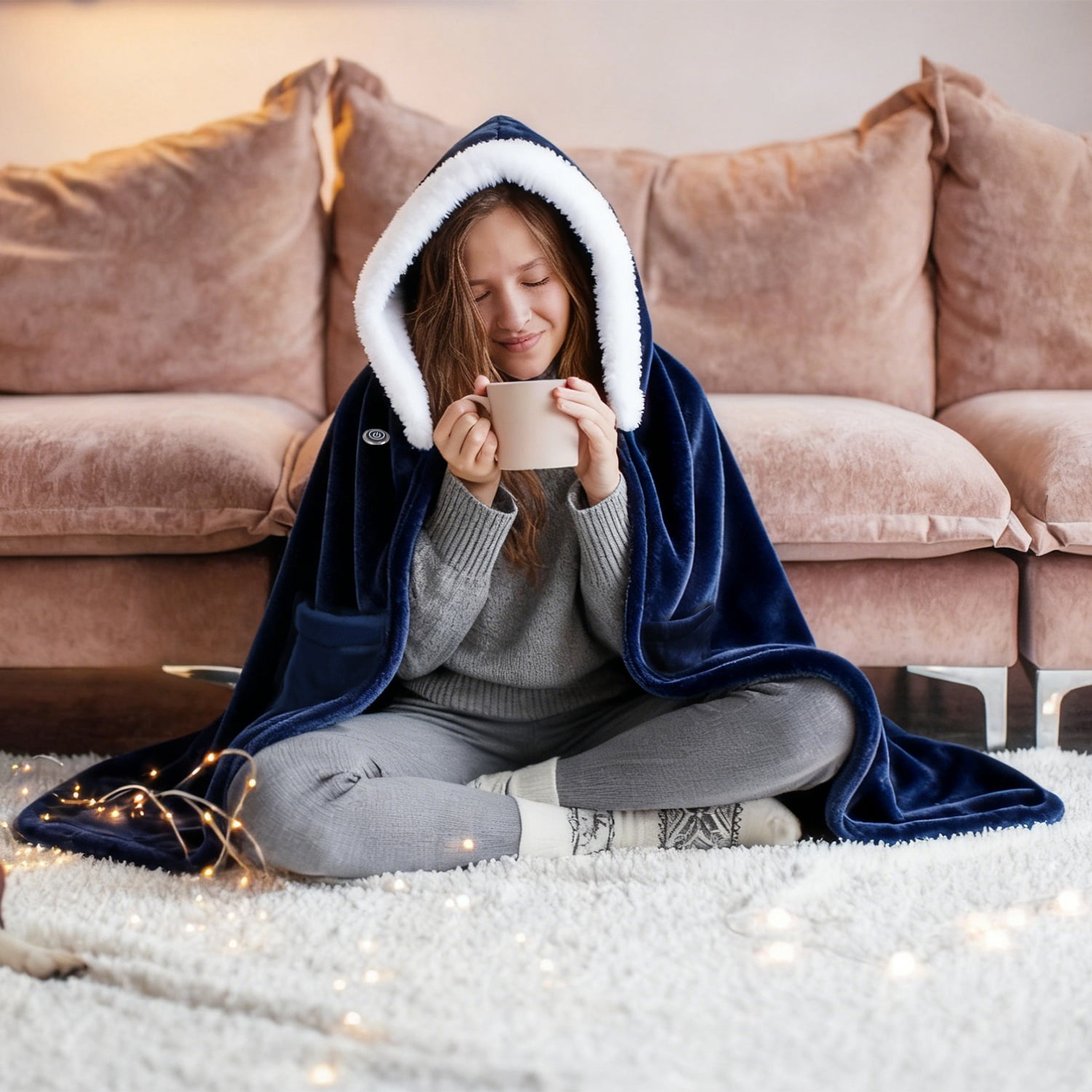 Imountek Wearable Heated Blanket with 8 Heating Zones, 3 Temperature Levels, Machine Washable Flannel, Portable USB Electric Heating Throw for Indoor Outdoor Use, Blue