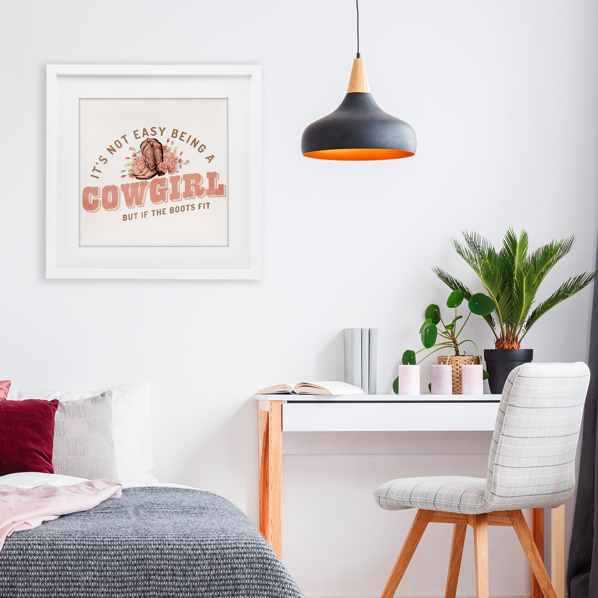 Not Easy Being Cowgirl White Framed Print Under Glass, design by Kim Allen