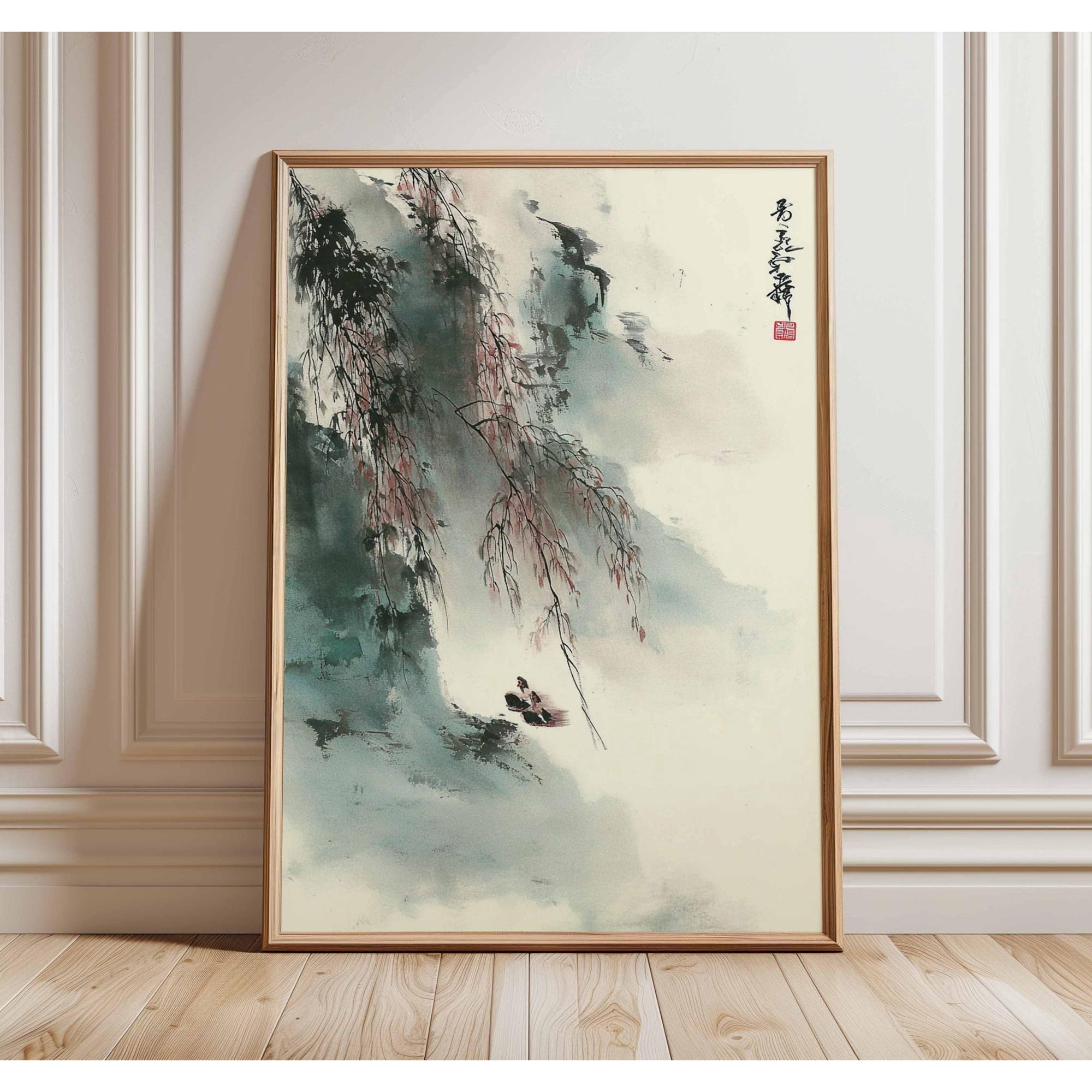 Chinese Ink Painting Print Misty Mountain River Zen Art Poster