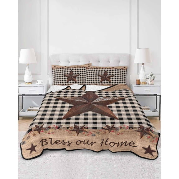 Quilts King Size, Texas Star Plaid Soft Comforter Bedding Set for Bed, Farmhouse Black Brown Texas Vintage Lightweight Quilted Bedspread with Pillow Cover(2 Pieces) for All Season, 96x106 Inch