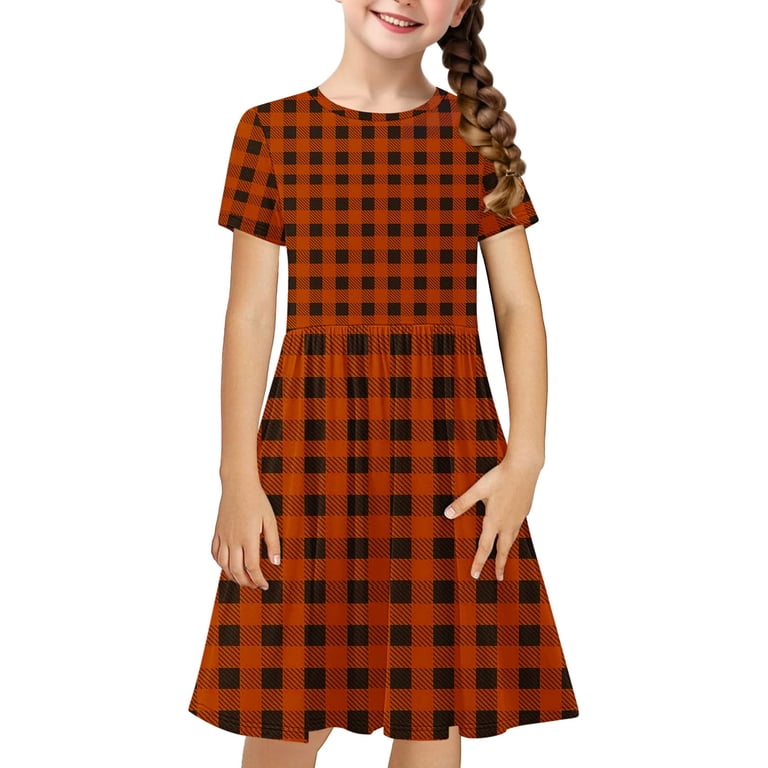 navy blue dress for baby girl Summer Savings Clearance kttectoa Casual A-Line Dress Teen Girls Tunic Dress  Dress Round Neck Plaid Print Short Sleeve Dresses for Girls Loose Fit Dress  for Holiday 4-14Y