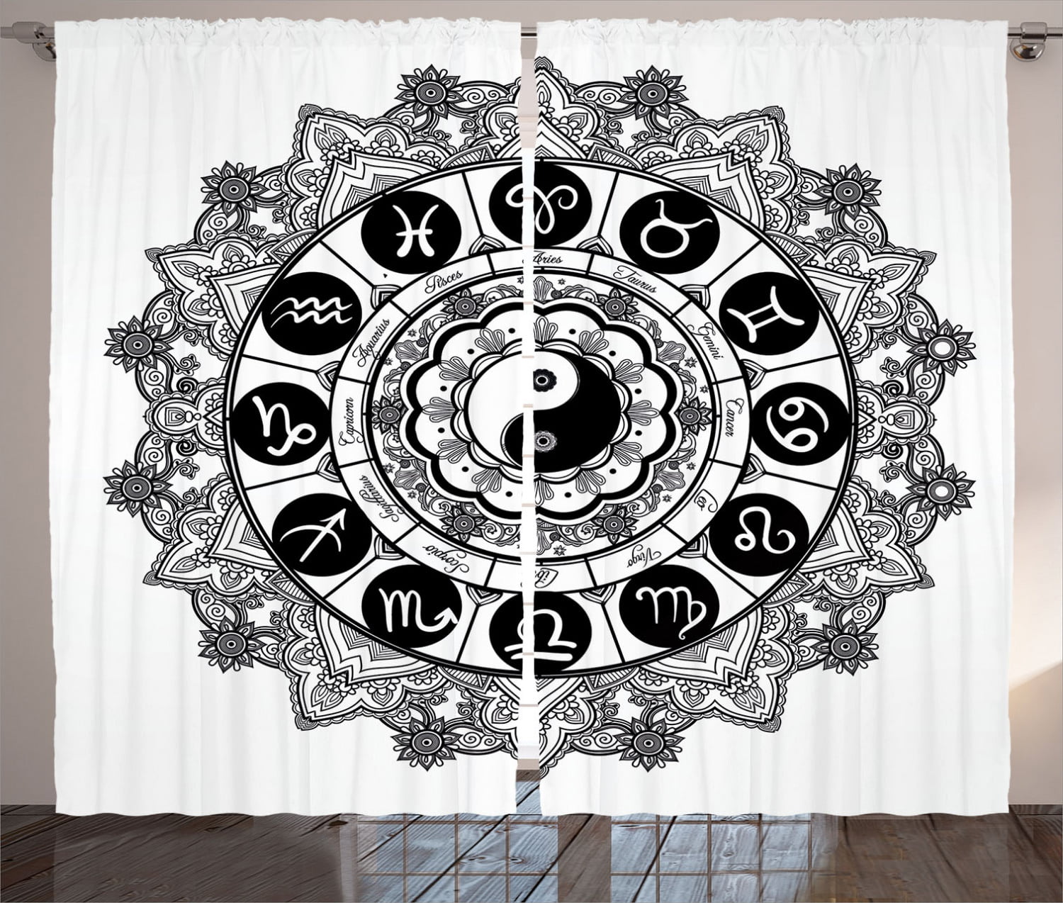 Ying Yang Decor Curtains 2 Panels Set, Zodiac Theme Design with Yin