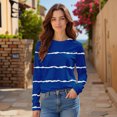 thumbnail image 3 of Women's Black White Striped Print Raglan Sleeve Round Neck Sweatshirt, Long Sleeve Soft Rayon Blend Pullover Top with Loose Fit for Fall Season, Casual Streetwear and Legging Pairing Outfits Blue, 3 of 8