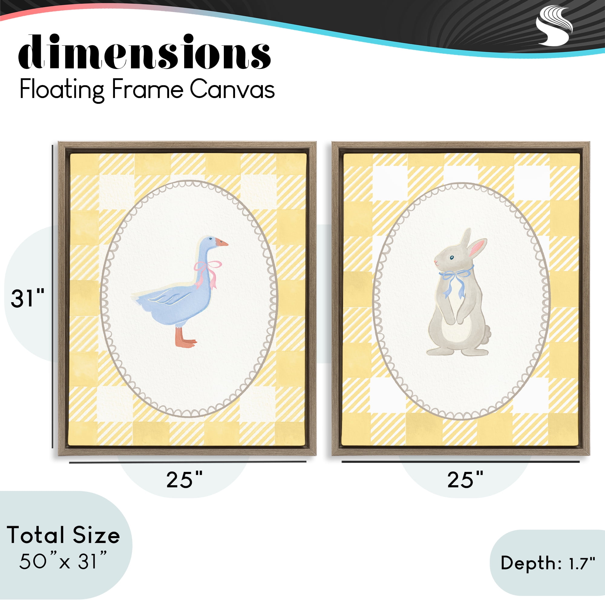 Stupell Industries Goose & Bunny Yellow Gingham 2 Piece Brown Framed Floater Canvas Set, design by The Paper Curator