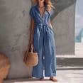 thumbnail image 2 of Women's Resort Jumpsuit, Casual Loose Wide Leg With Zip-Up Front & Stand Collar, Short Sleeve Vacation One-Piece With Belt Blue S, 2 of 5