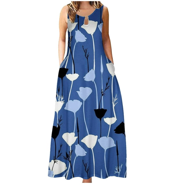 Birdeem Robe d'Été Sans Manches à Col Rond avec Poche pour Femmes
