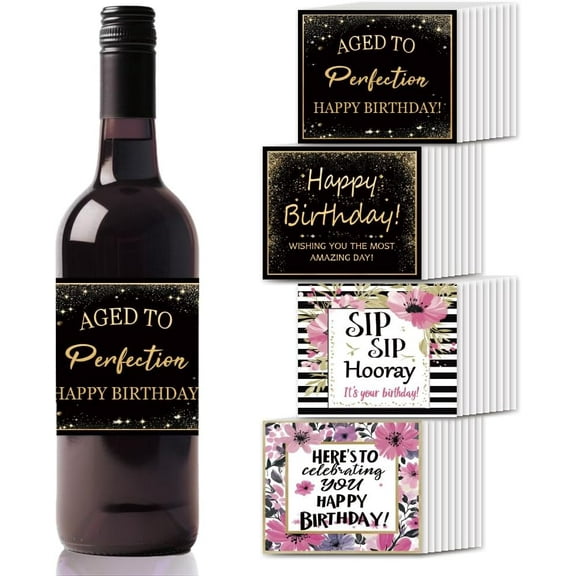 40PCS Black Gold Happy Birthday Wine Bottle Label Stickers Adhesive Label Wine Bottle Vase Decorations for Birthday Party Anniversary Baby Shower 4x3inch