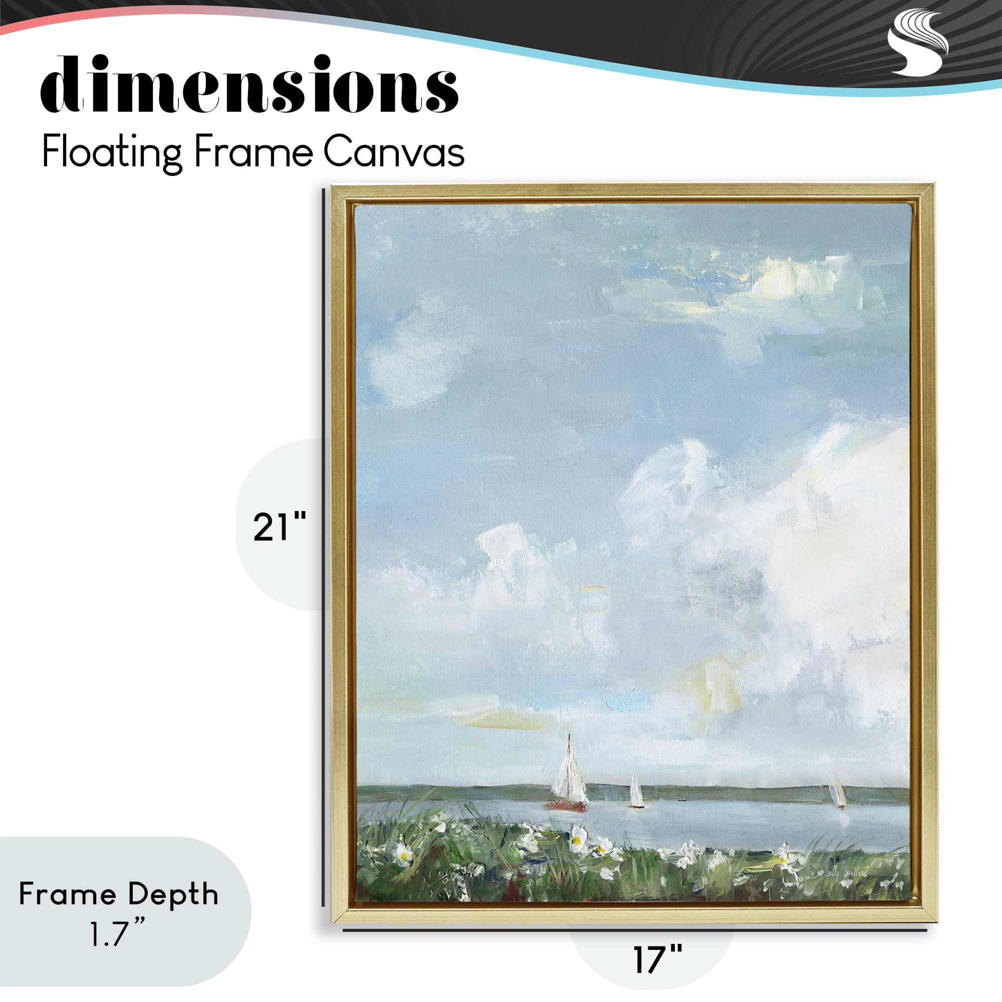 Stupell Industries Seaside Sailing Under Clouds Gold Framed Floater Canvas Wall Art, design by Sally Swatland