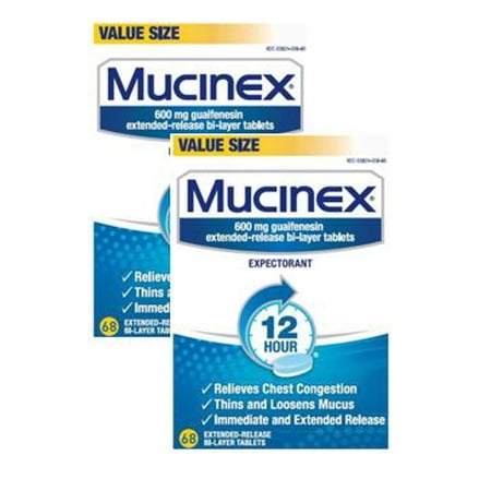 (2 pack) Mucinex 12 Hour Chest Congestion Expectorant Relief Tablets, 68 Count, Thins & Loosens