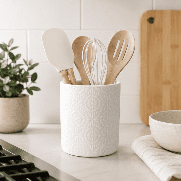 Liujiale Ceramics Storage Can, Utensil Holder for Kitchen Countertop, Kitchen Utensil Organizer, Spatula Holder for Counter White