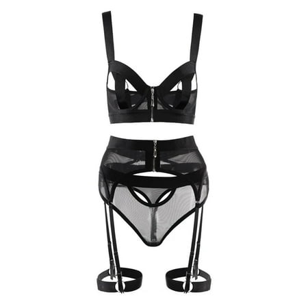 

RQYYD Reduced Zipper Garter Lingerie for Women Sexy Lace Lingerie Sheer Matching 3 Piece Lingerie Set(Black L)