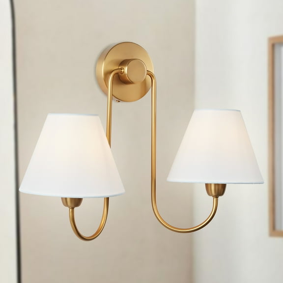 Mid-Century Conical Antique Brass Double White Linen Shade Wall-Mounted Sconce, Natural Wall Light, Wall lamp with Soft Shine, Indoor Sconce for Living Room, Dining Room, Bedroom