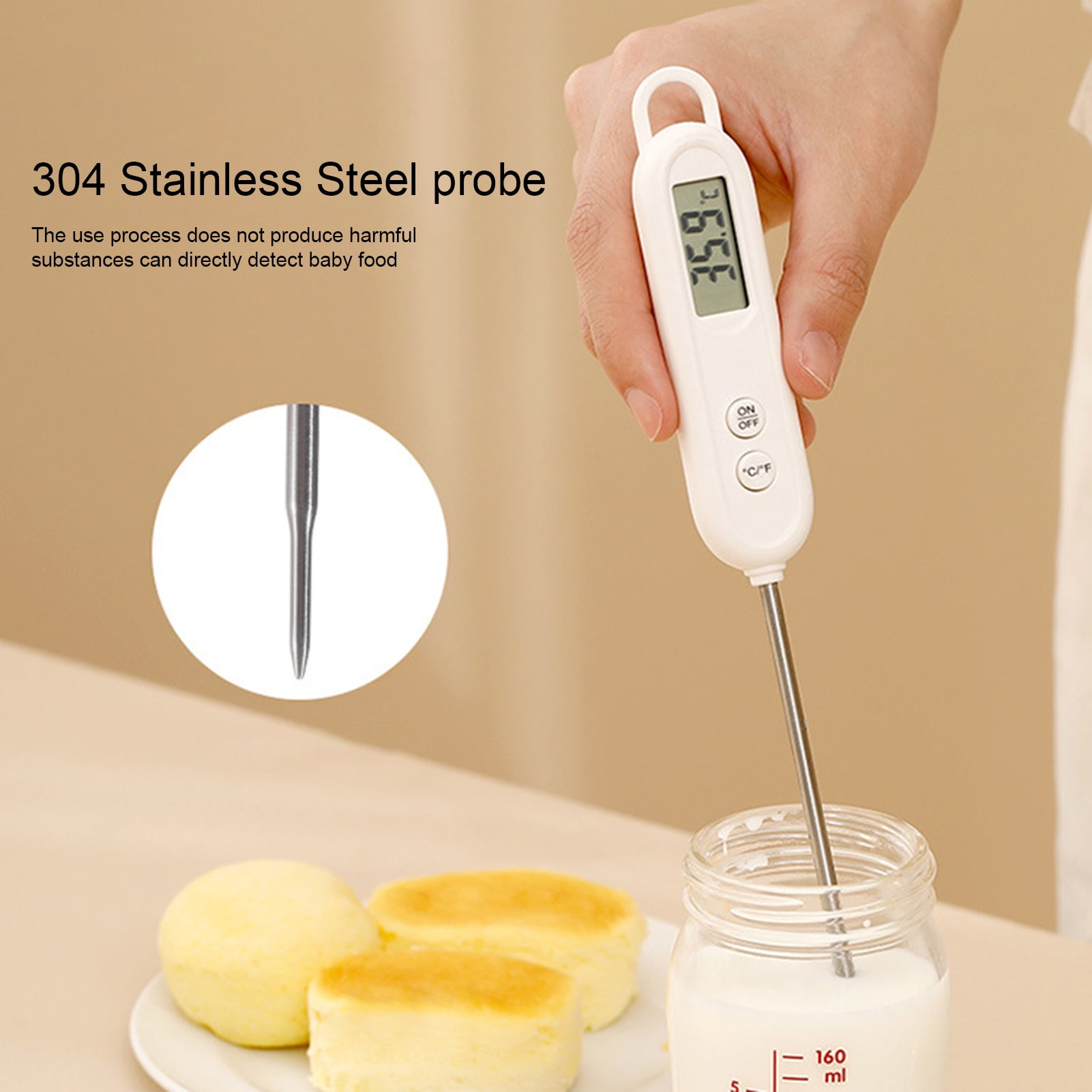Farfi Food Thermometer LCD Large Screen Digital Display Food Grade  Stainless Steel Probe Fast Gauge Hand Tool BBQ Meat Cake Food Temperature  Measurement Tool Kitchen Gadgets (White) 