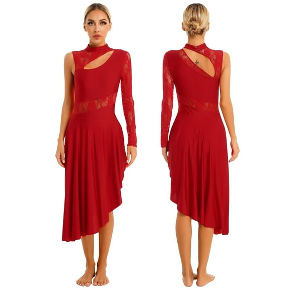 Womens Lyrical Dance Dress Ballet Ballroom Waltz Skating Stage Performance Costume Sheer Cutout Leotard Dresses Dancewear