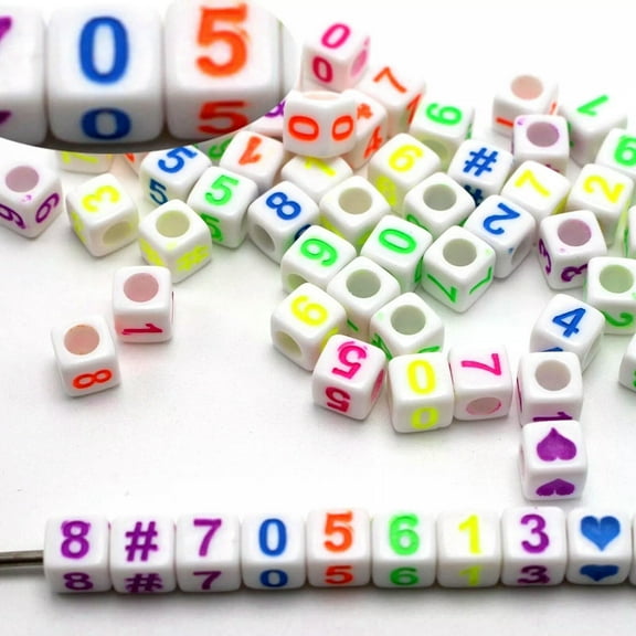 U8MO 250 White with Colorful Assorted Number "#" Cube Pony Beads 6X6mm Kids Craft