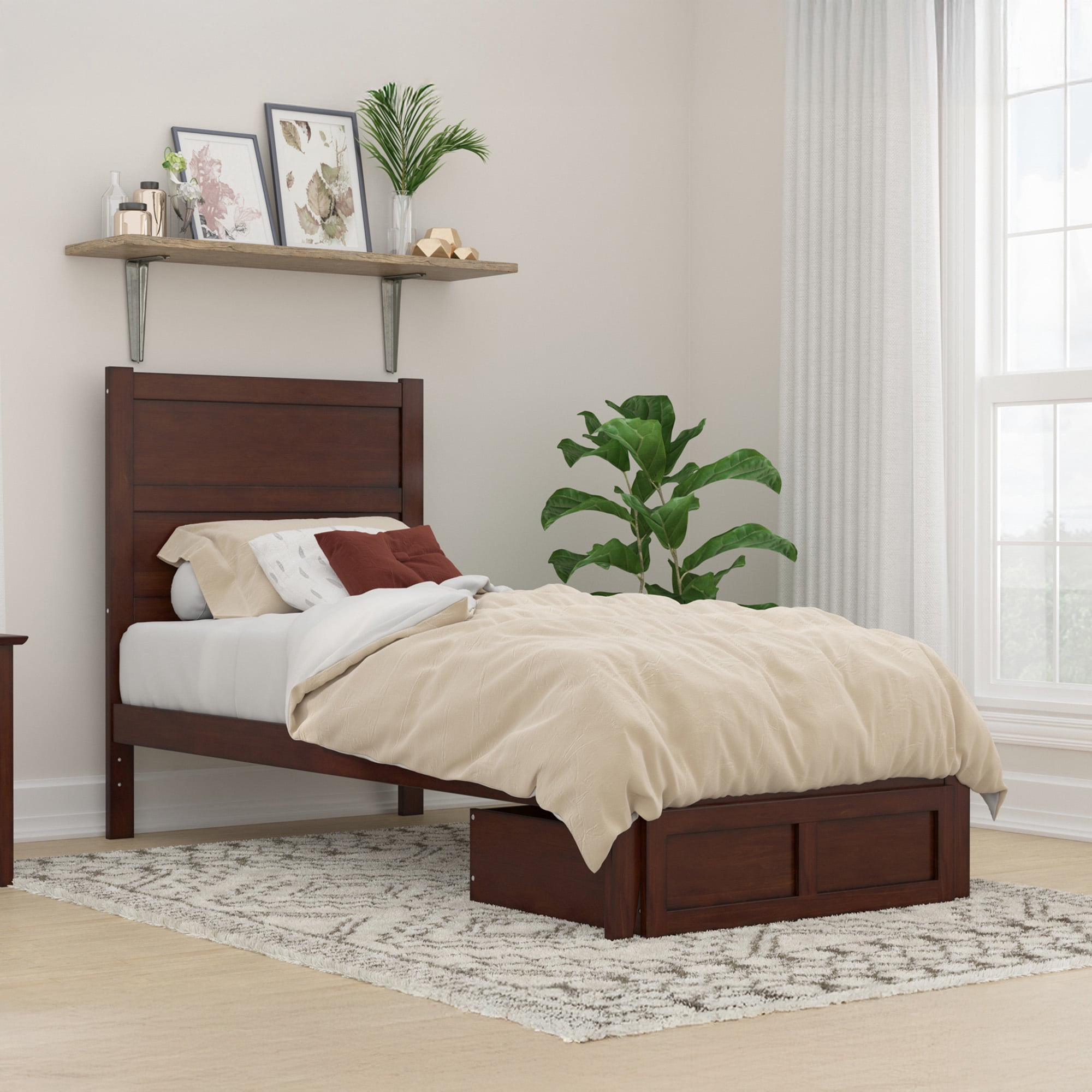 AFI NoHo 14" Twin XL Wood Platform Bed Frame with Foot Drawer Storage, Walnut