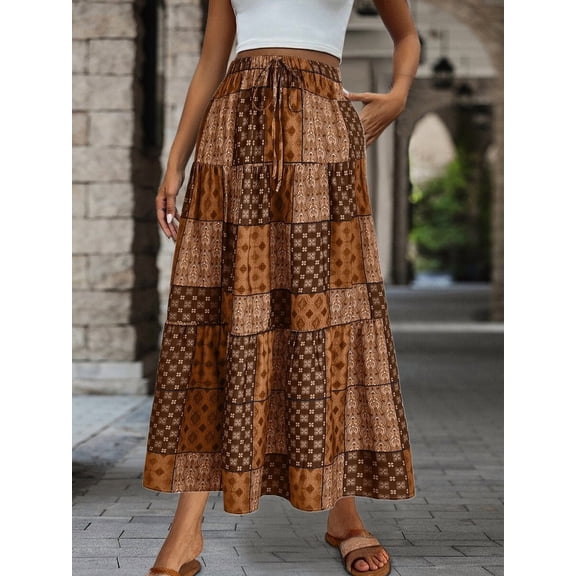 Women's Skirt, Elastic Waist Tiered A-Line Midi Skirt, Fitted Flared Bottoms for Commute and Daily Wear