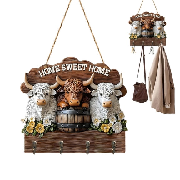 SHENERDA Key Holder for Wall 2D Flat Cow Key Rack with 4 Hooks Wood Bathroom Coat Hook for Hallway Bathroom Kitchen Closet Living Room Bedroom Office Apartment Home regular