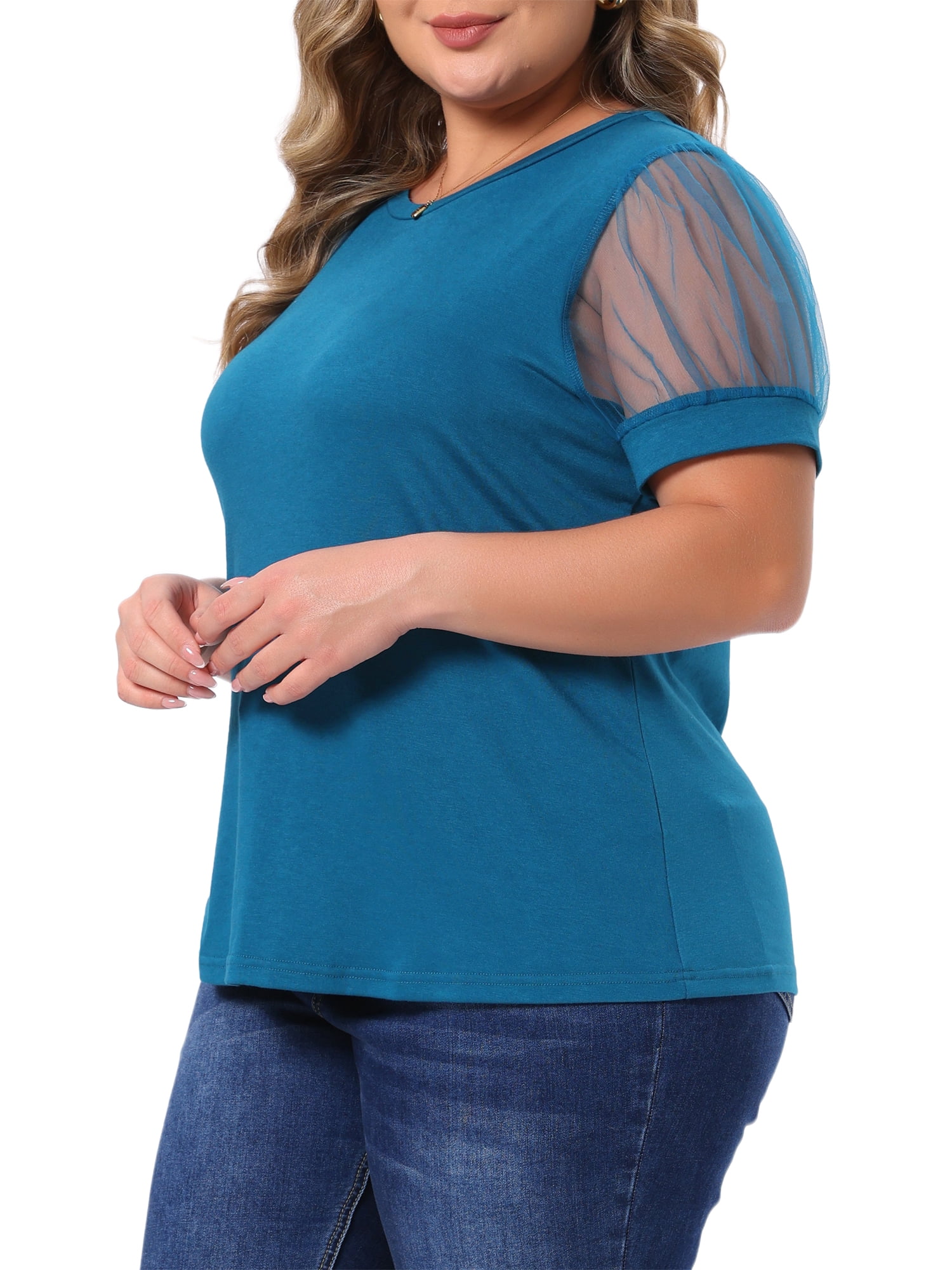 DARING DIVA Women's Plus Casual Crew Neck Mesh T Shirt Blouse Tops 2X Blue